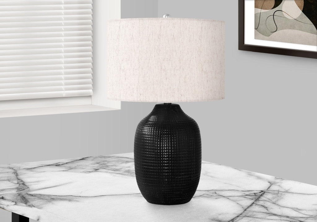 26" Black Ceramic Urn Table Lamp With Ivory Drum Shade