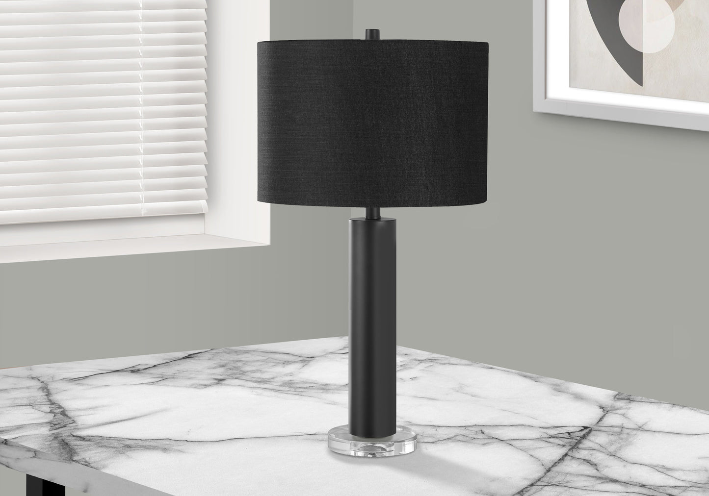 28" Black Metal and Acrylic Cylinder Table Lamp With Black Drum Shade