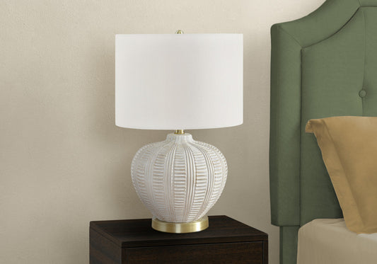 21" Gold and White Urn Table Lamp With Ivory Drum Shade