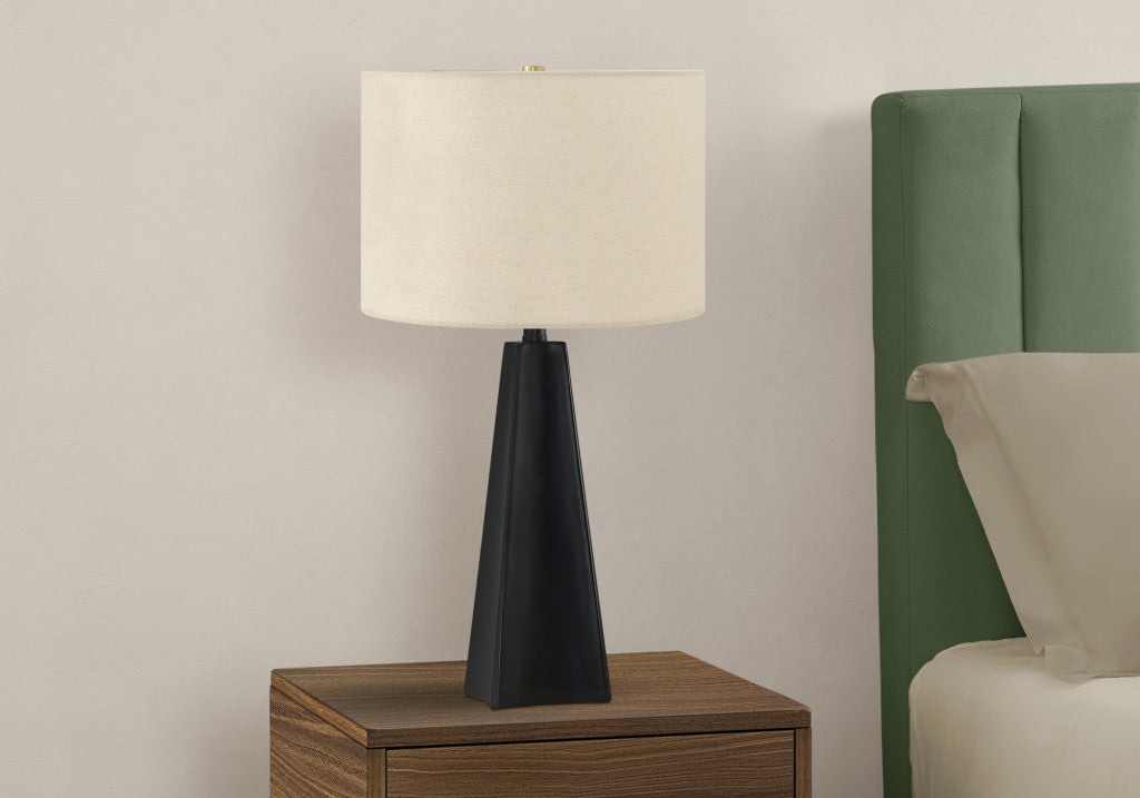 27" Black Geometric Table Lamp With Beige Drum Shade