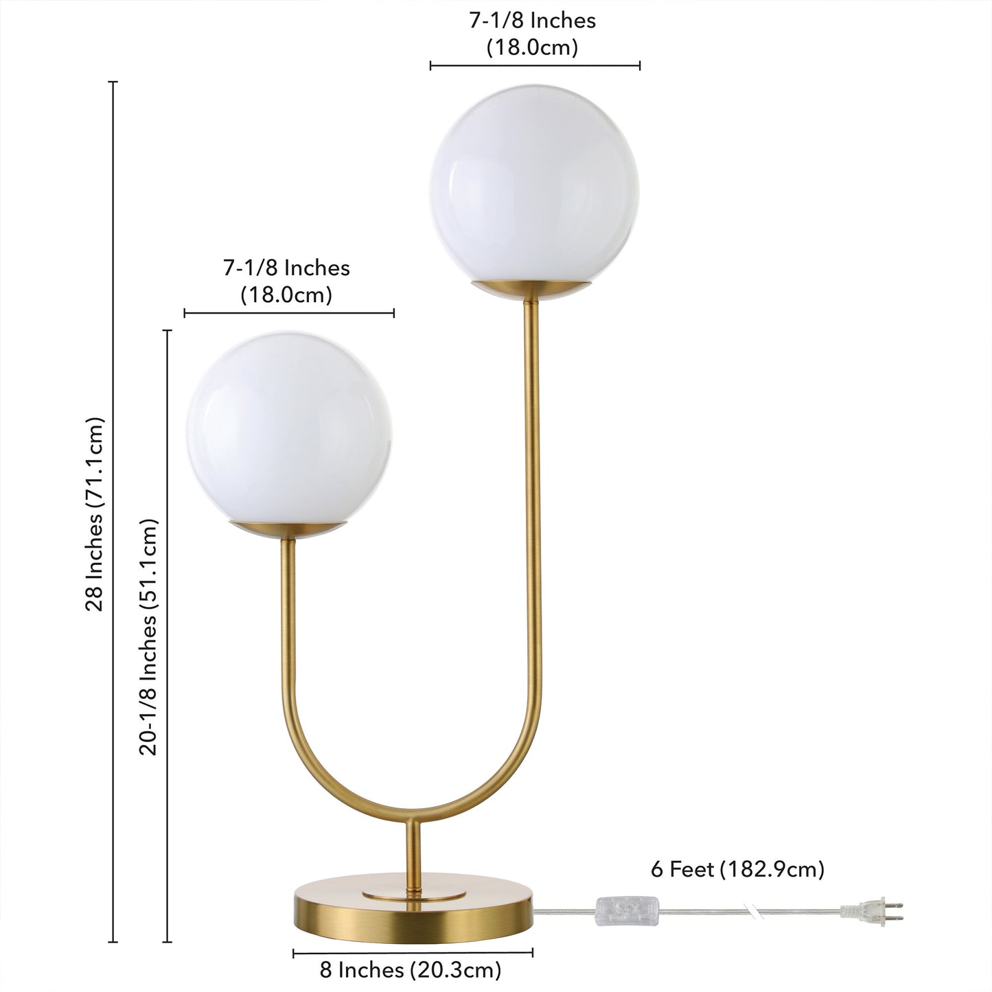 28" Gold Metal Two Light Novelty Globe Table Lamp With White Globe Shade