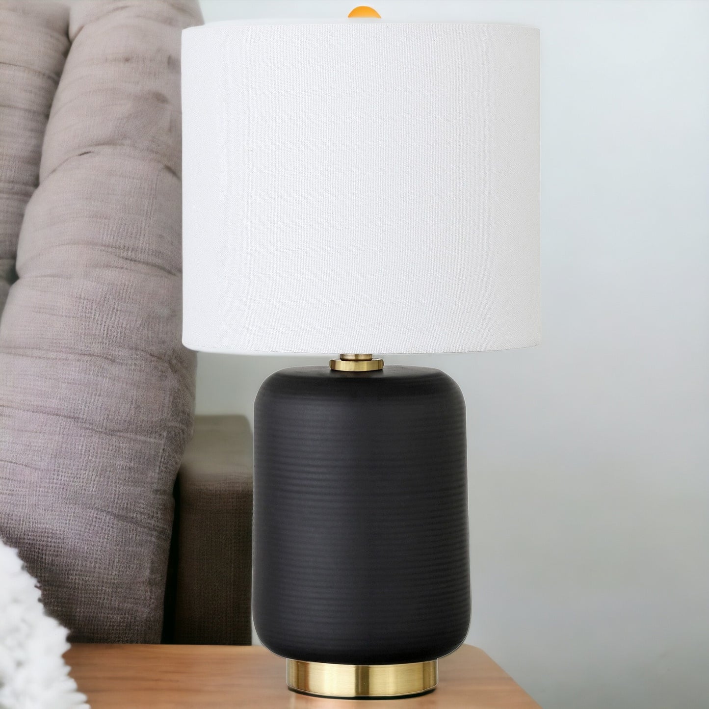 15" Black and Gold Ceramic Cylinder Table Lamp With White Drum Shade