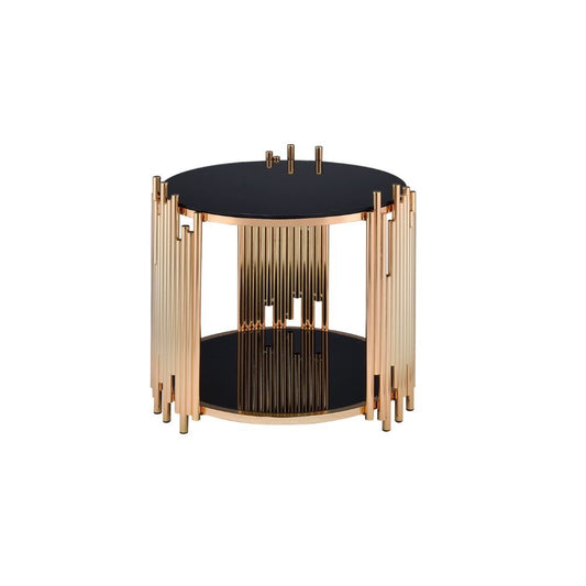 22" Gold And Black Glass Round End Table With Shelf