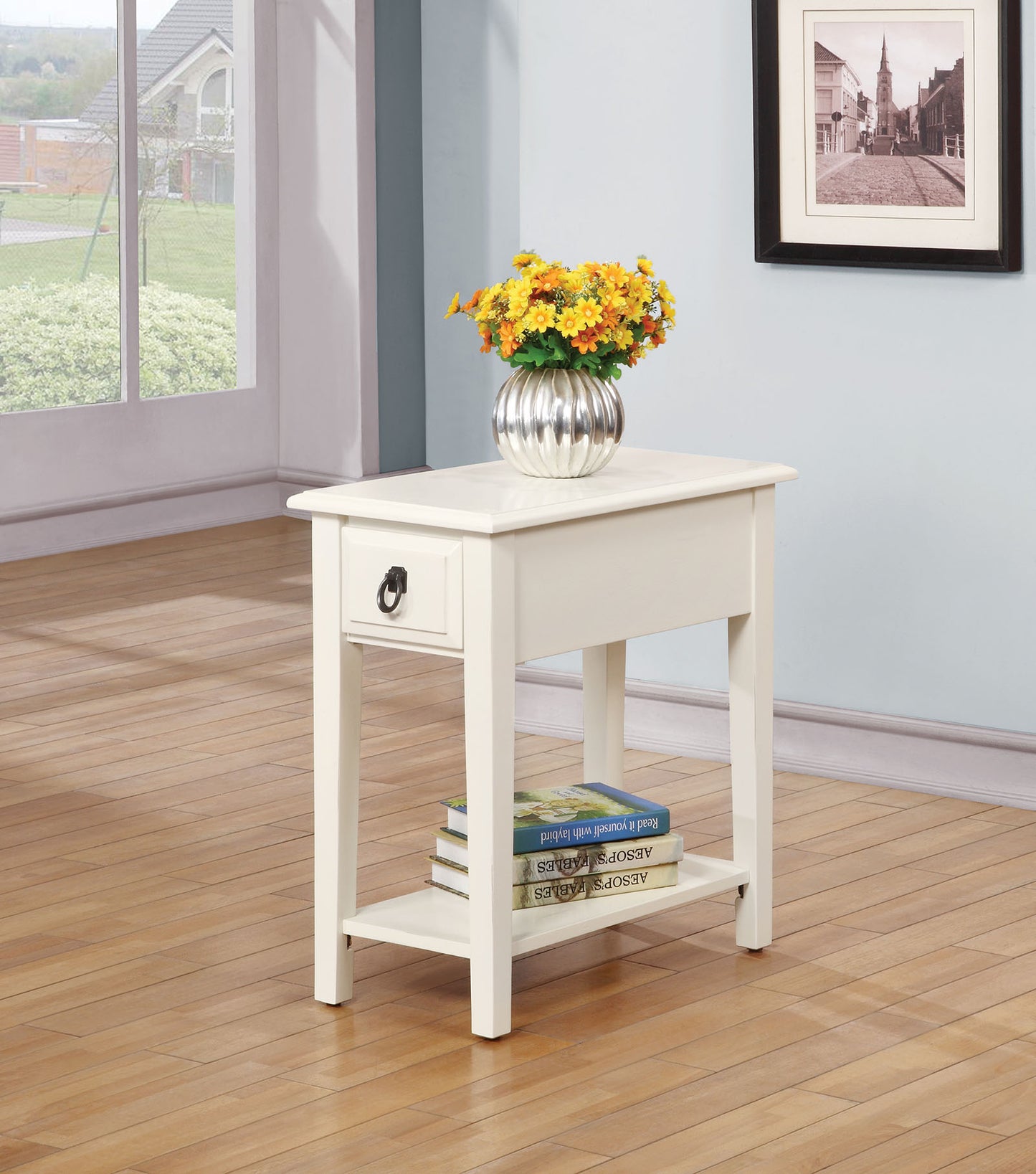 23" White Solid Wood End Table With Drawer And Shelf