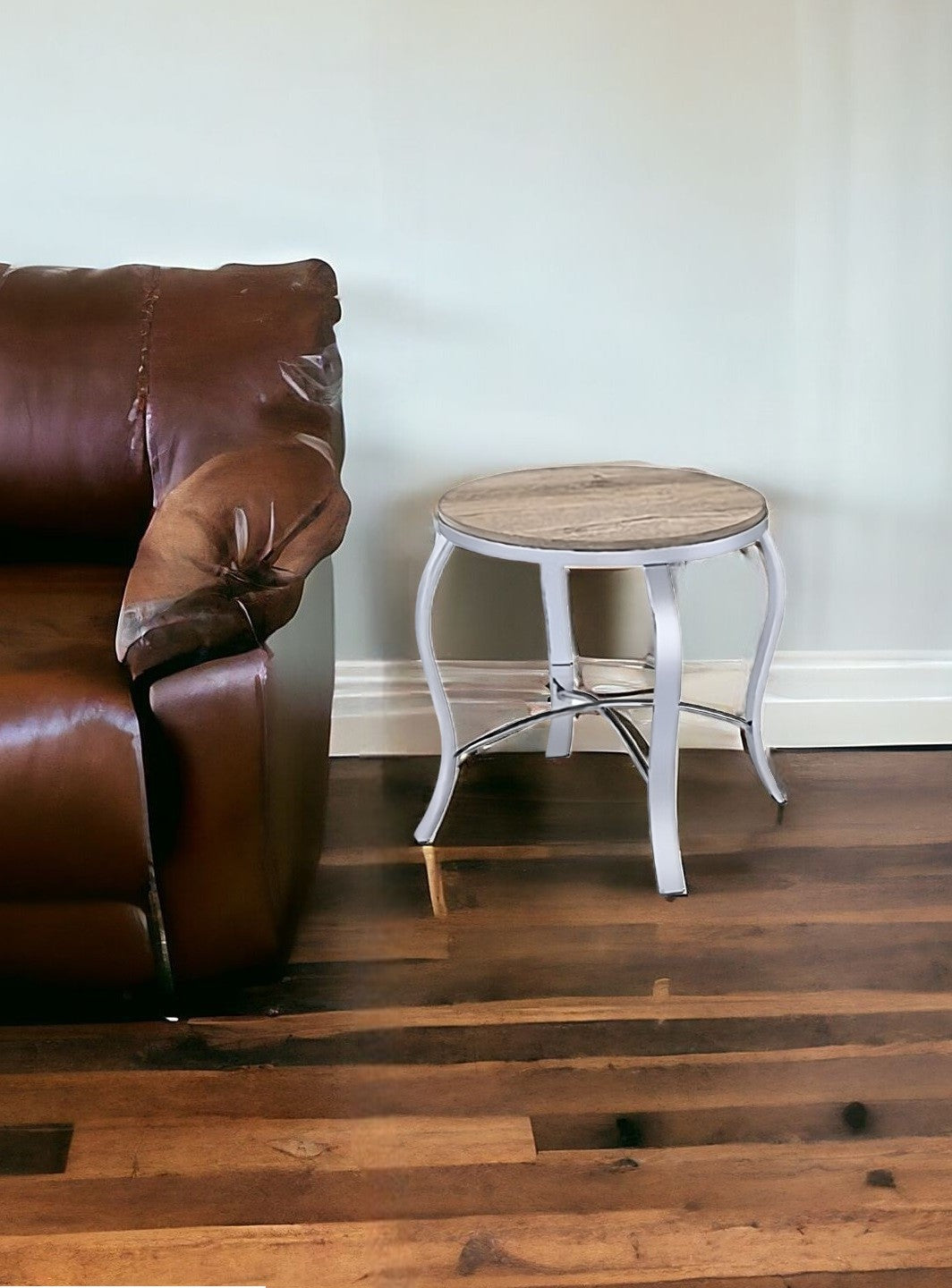 19" Chrome And Brown Round End Tables