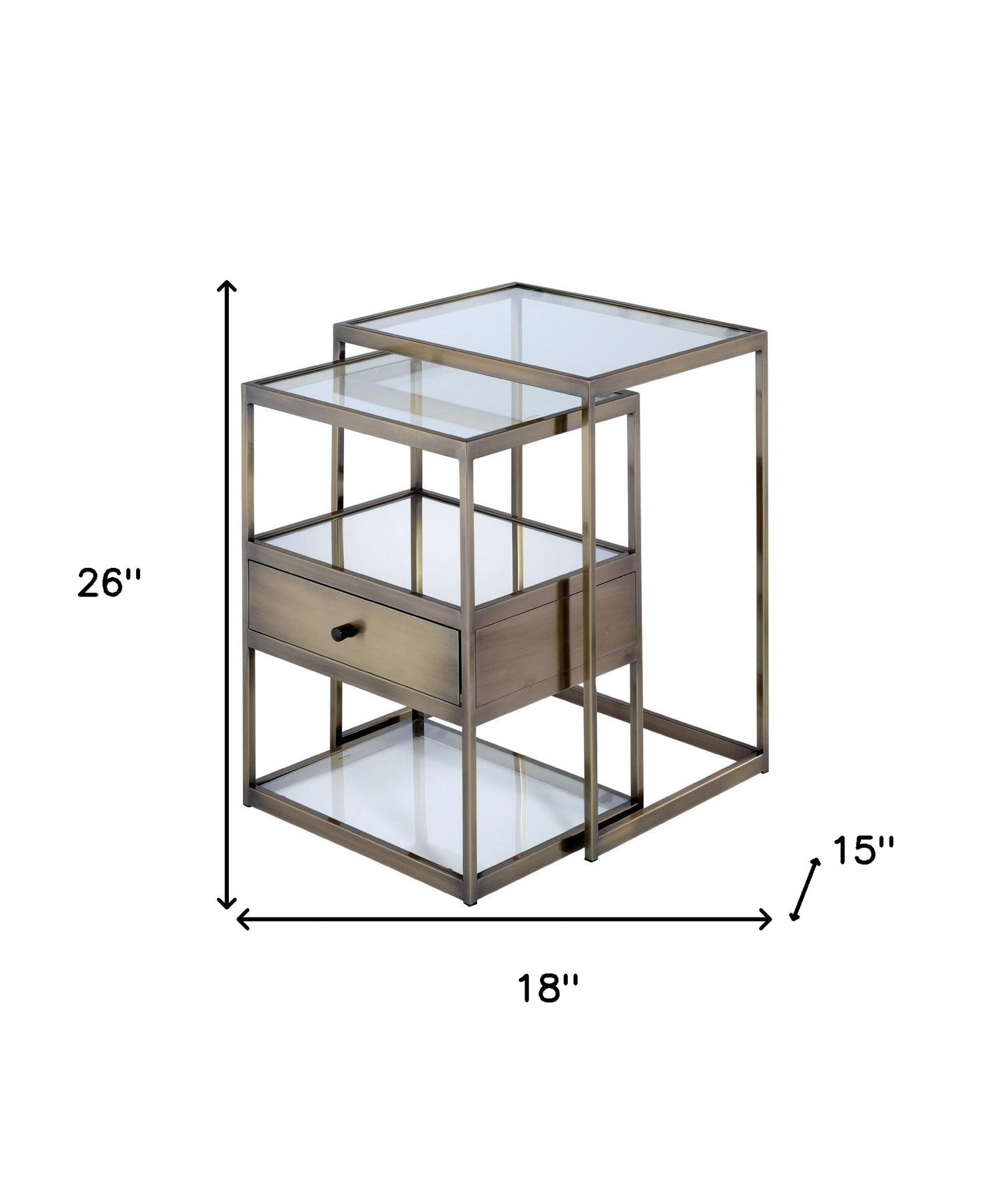 26" Antique Brass And Clear Glass Mirrored End Table With Two Shelves