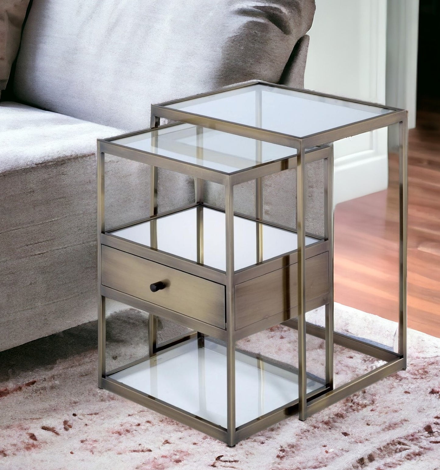 26" Antique Brass And Clear Glass Mirrored End Table With Two Shelves