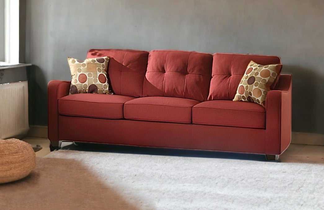 84" Red And Chocolate Linen Sofa And Toss Pillows