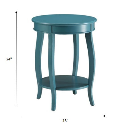 24" Teal Blue Solid Wood Round End Table With Shelf