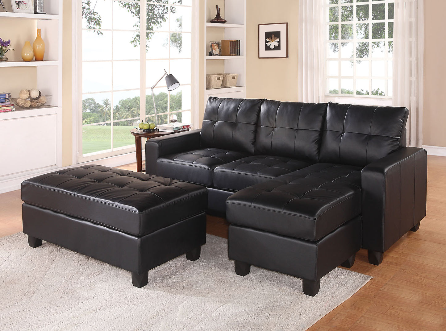 Black Faux Leather Stationary L Shaped Three Piece Sofa And Chaise