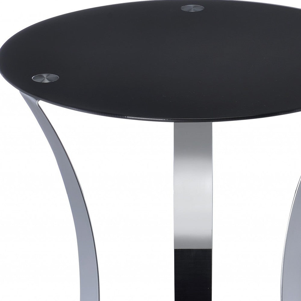 20" Silver And Black Mirrored Round End Table With Shelf