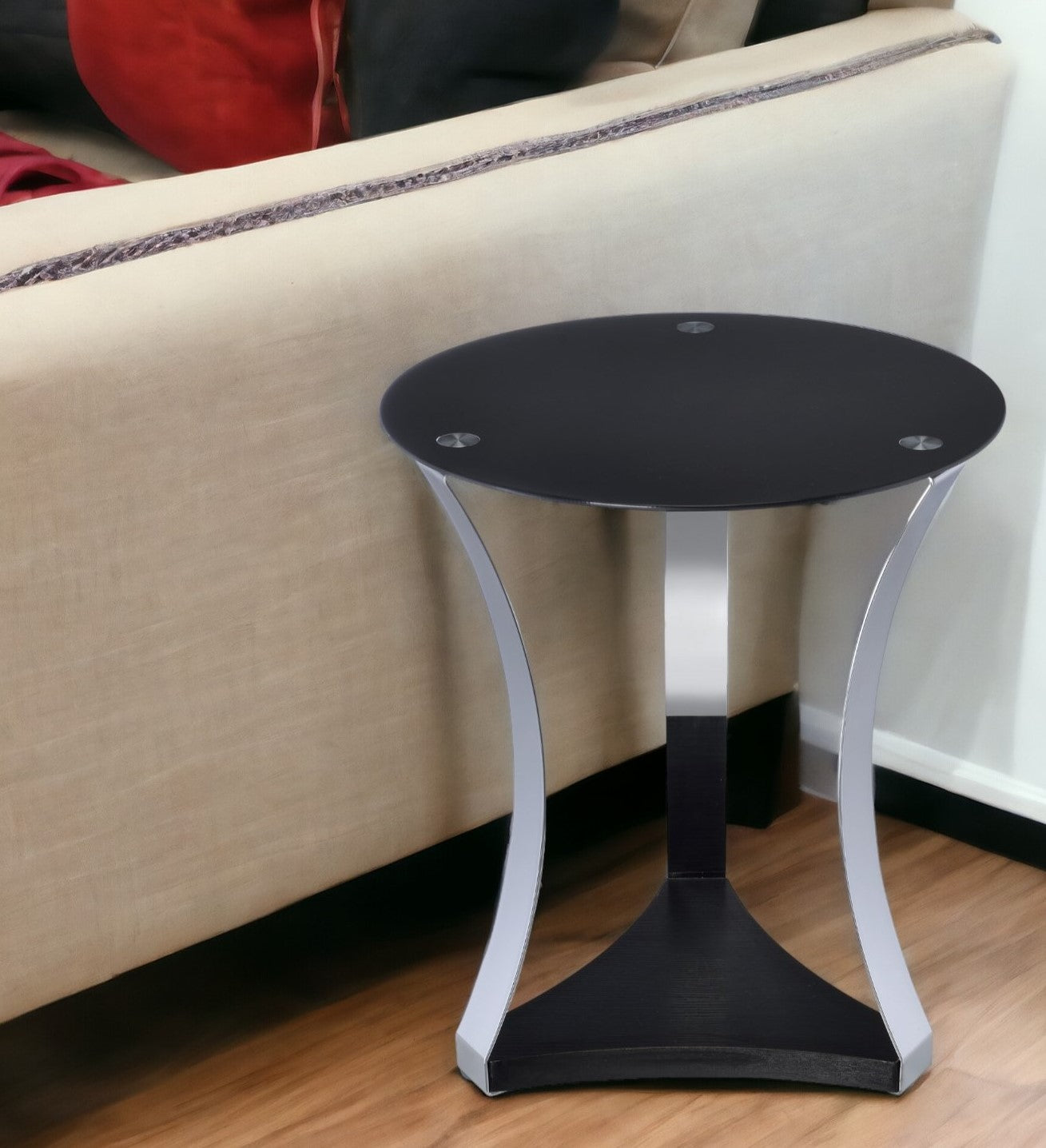 20" Silver And Black Mirrored Round End Table With Shelf