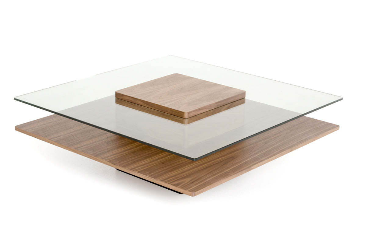 14" Walnut Veneer And Glass Coffee Table