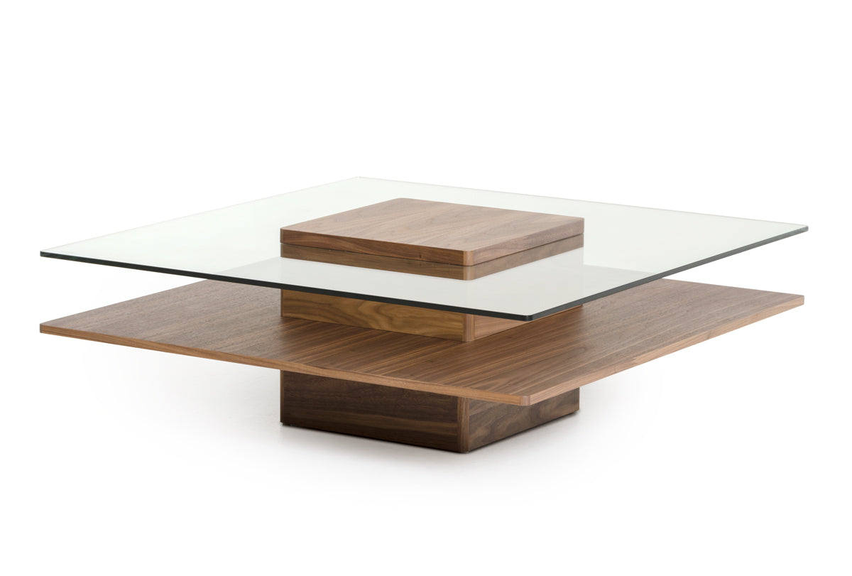 14" Walnut Veneer And Glass Coffee Table