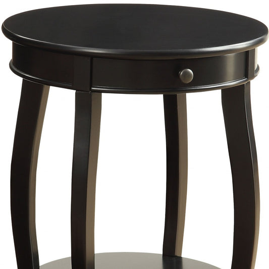 24" Blakc And Black Solid Wood Round End Table With Shelf