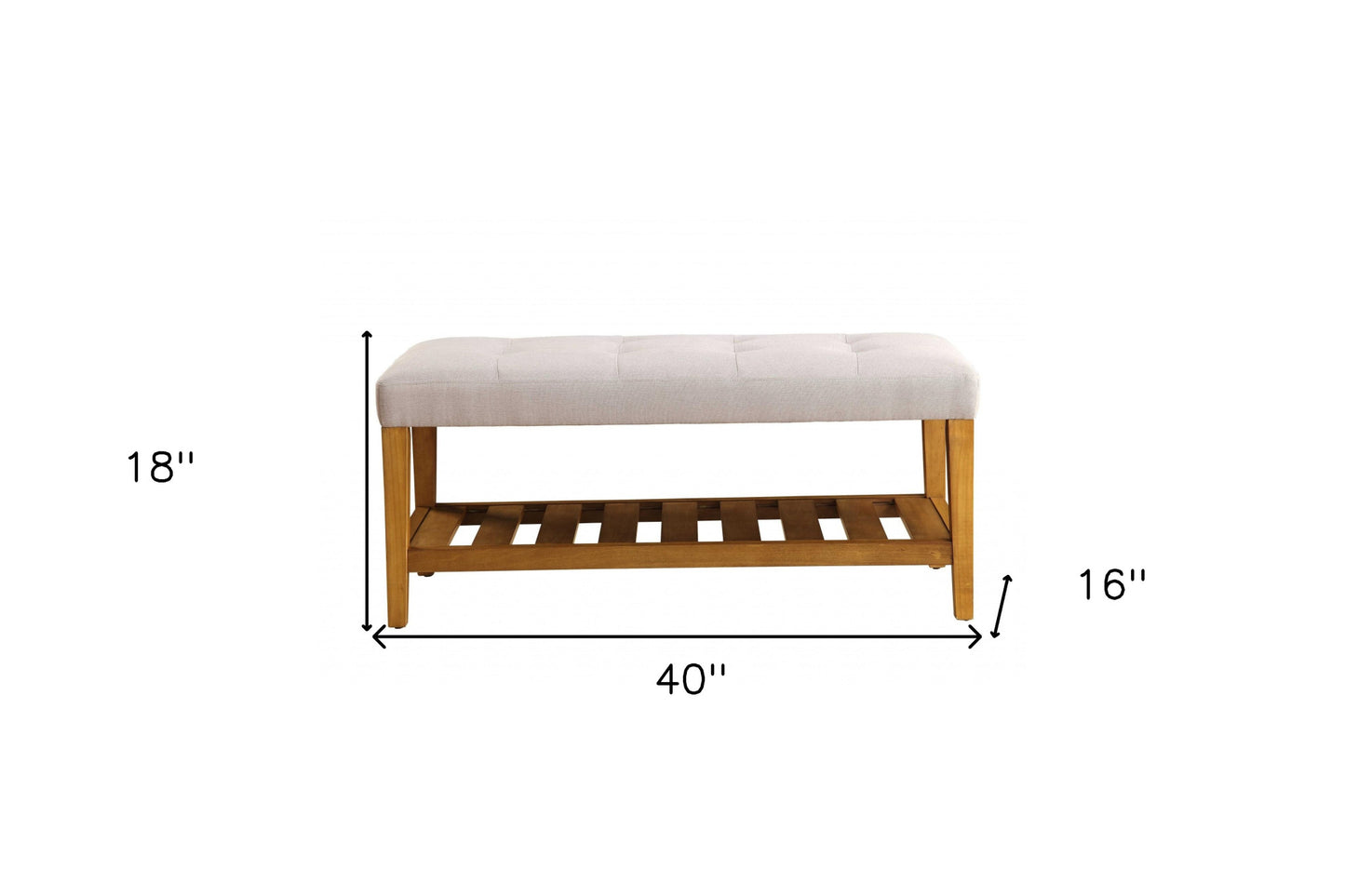 40" Light Gray and Brown Upholstered Polyester Bench with Shelves