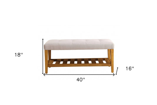 40" Light Gray and Brown Upholstered Polyester Bench with Shelves