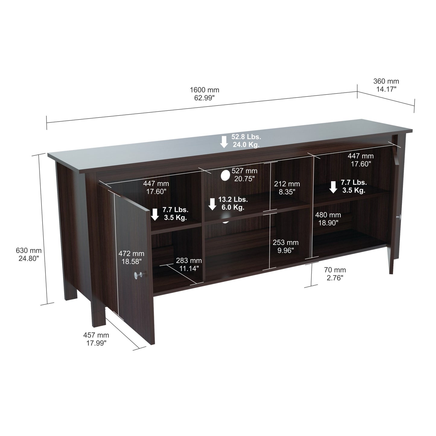 63" Dark Brown Wood And Metal Cabinet Enclosed Storage Mirrored TV Stand