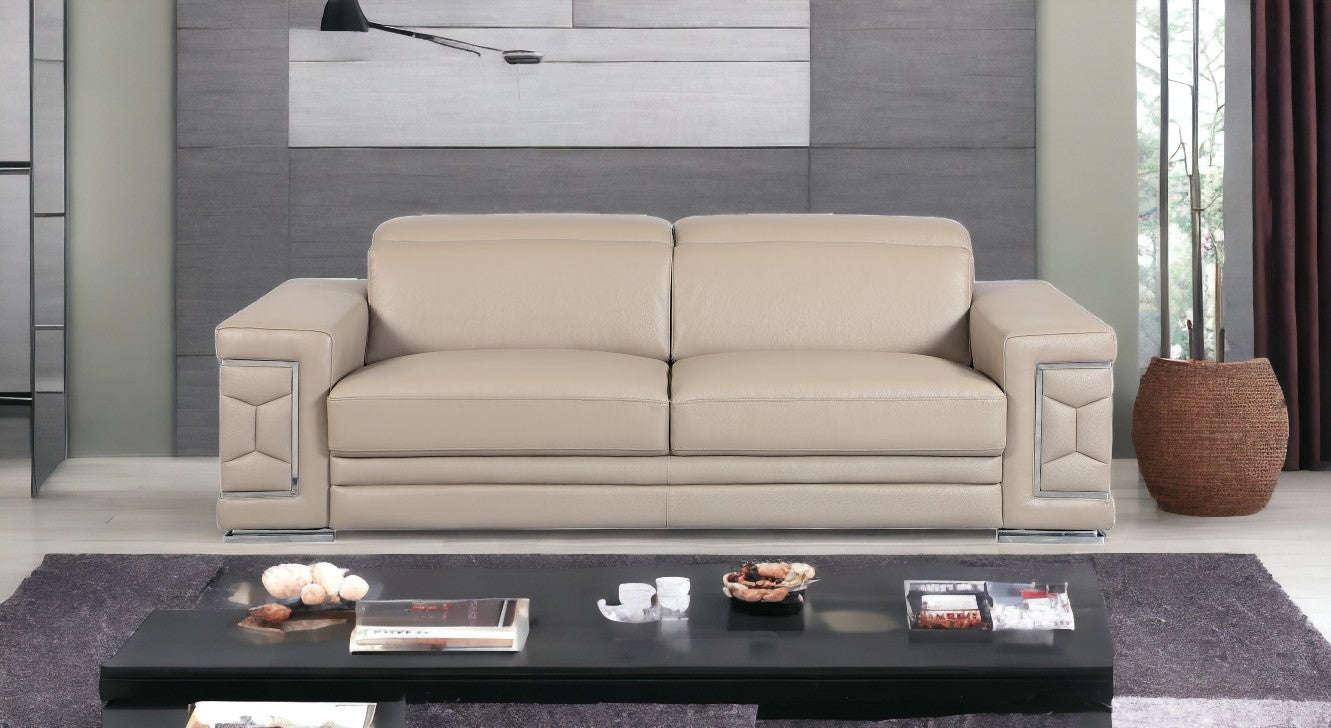 89" Beige And Silver Italian Leather Sofa