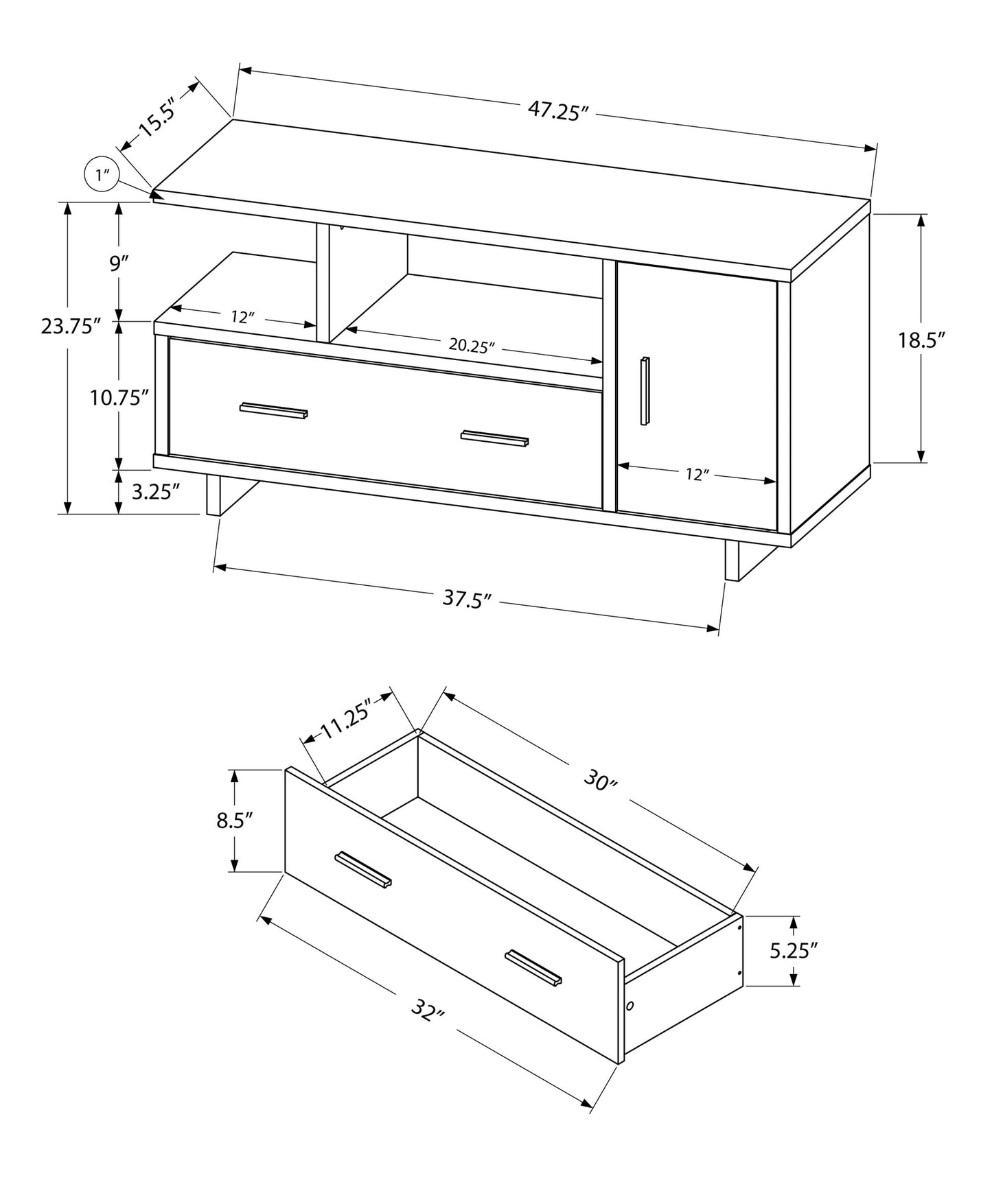 23.75" Black And Grey Particle Board Laminate And Mdf TV Stand With Storage