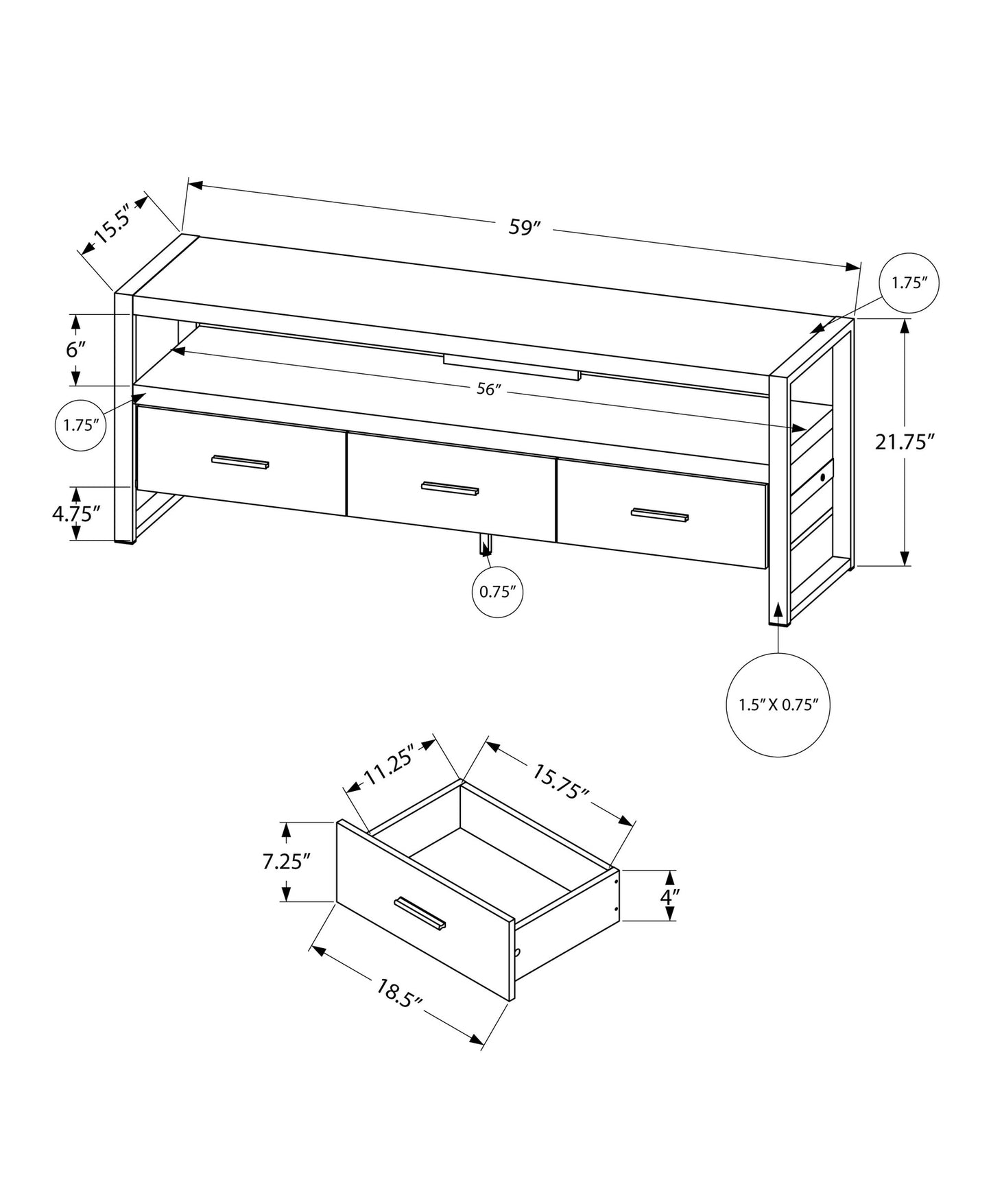 21.75" Grey Particle Board Hollow Core & Black Metal TV Stand With 3 Drawers