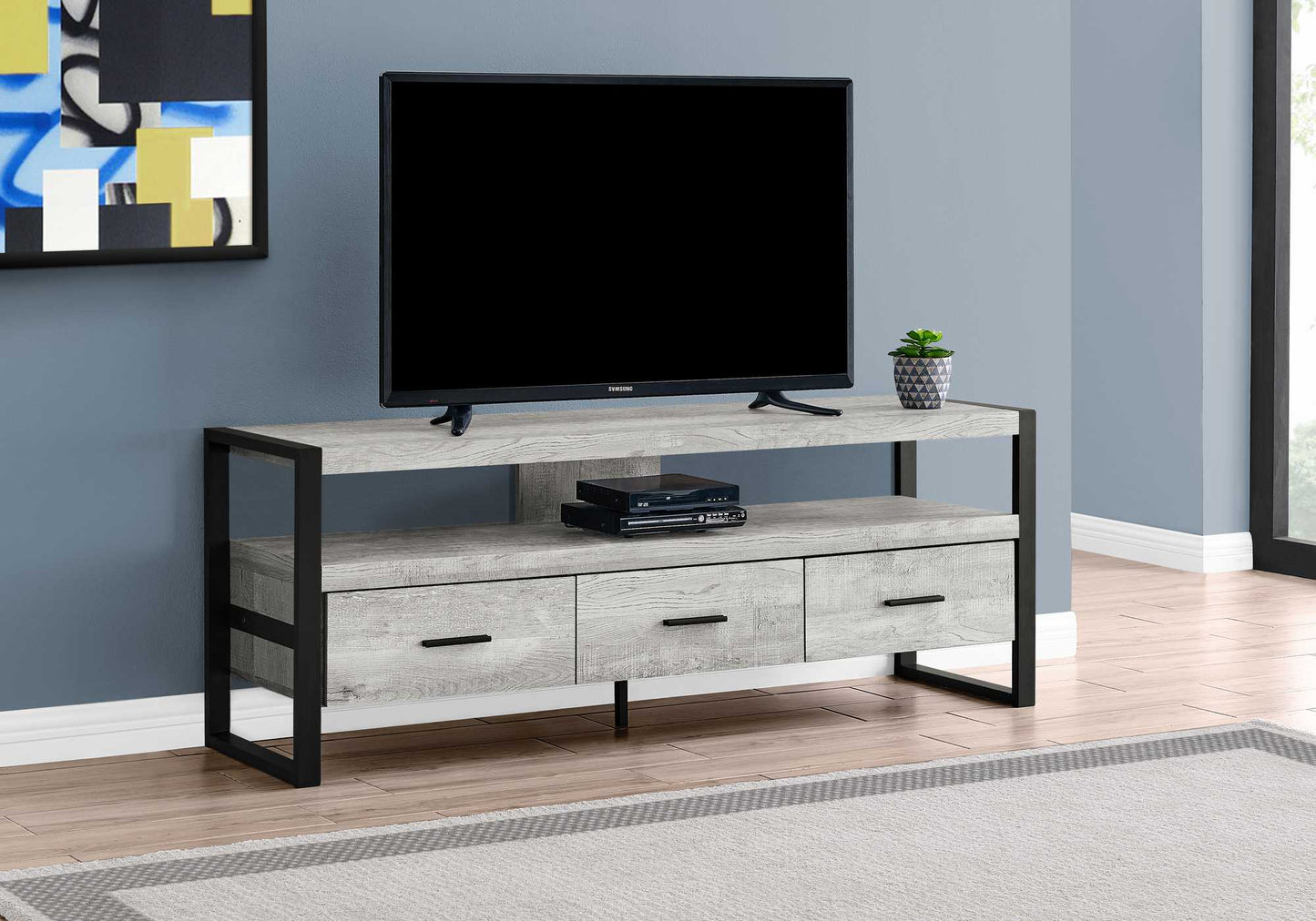 21.75" Grey Particle Board Hollow Core & Black Metal TV Stand With 3 Drawers