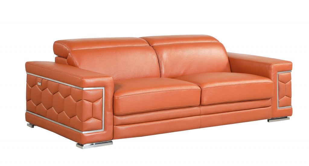 89" Camel And Silver Italian Leather Sofa