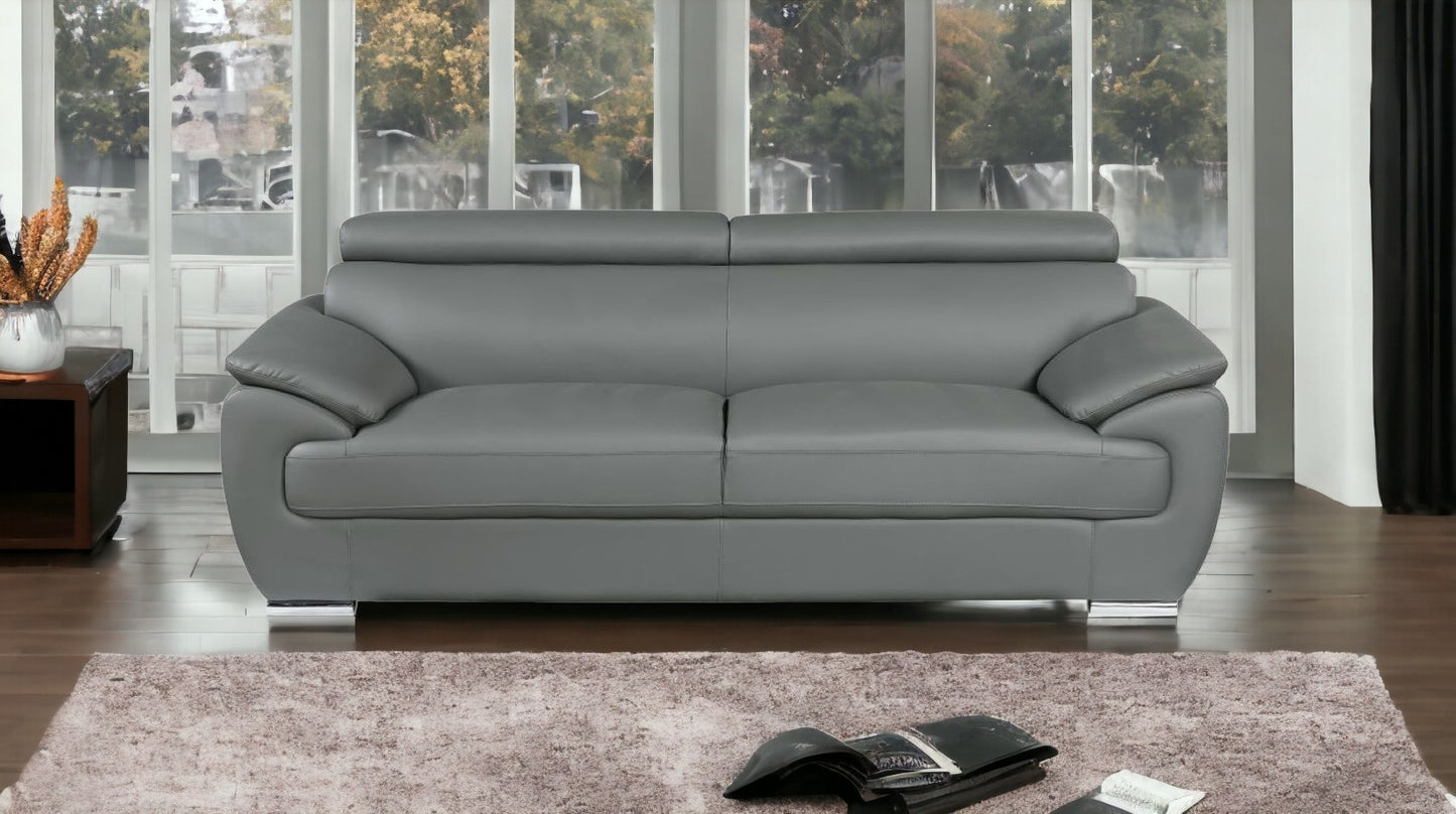 86" Gray And Silver Leather Sofa