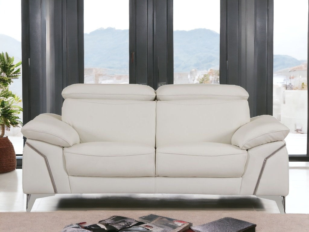 71" White And Silver Italian Leather Sofa