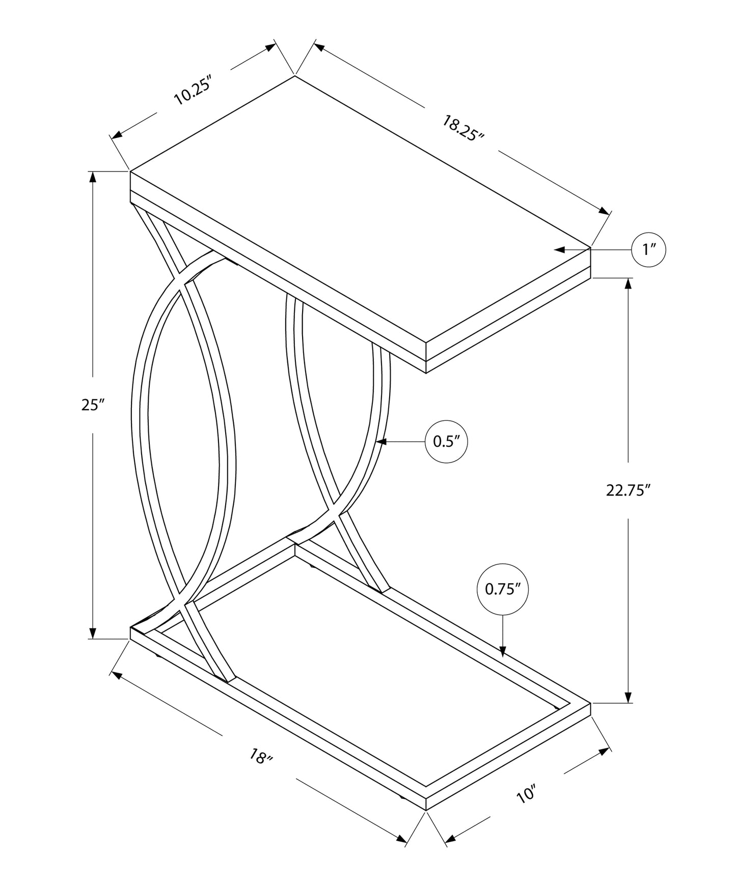 18.25" X 10.25" X 25" Dark Taupe Mdf Laminate Metal Accent Table