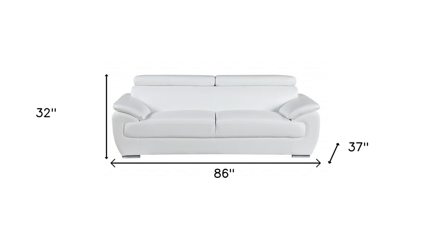 86" White And Silver Leather Sofa