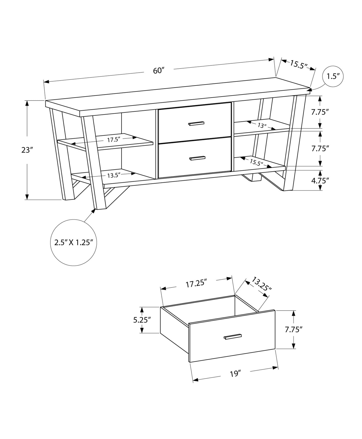 15.5" X 60" X 23" Grey Black Particle Board Hollow Core Metal TV Stand With 2 Drawers