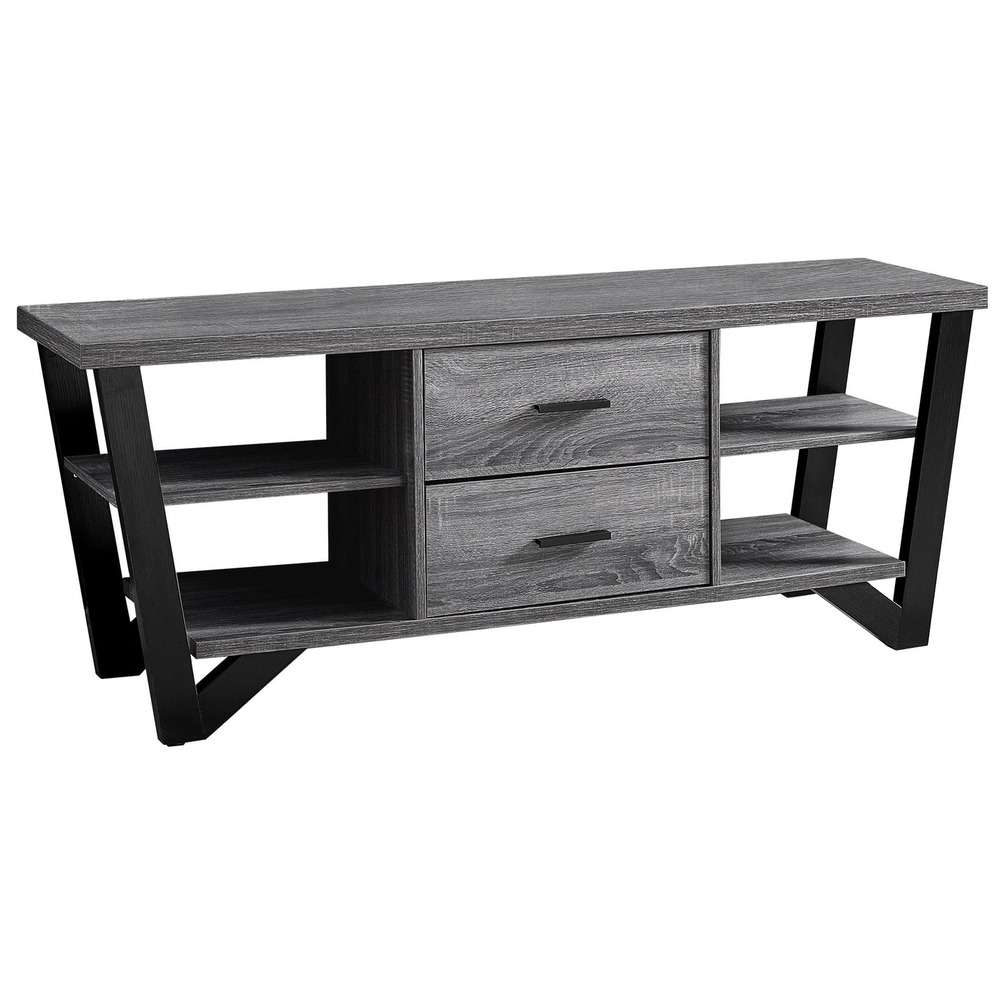 15.5" X 60" X 23" Grey Black Particle Board Hollow Core Metal TV Stand With 2 Drawers