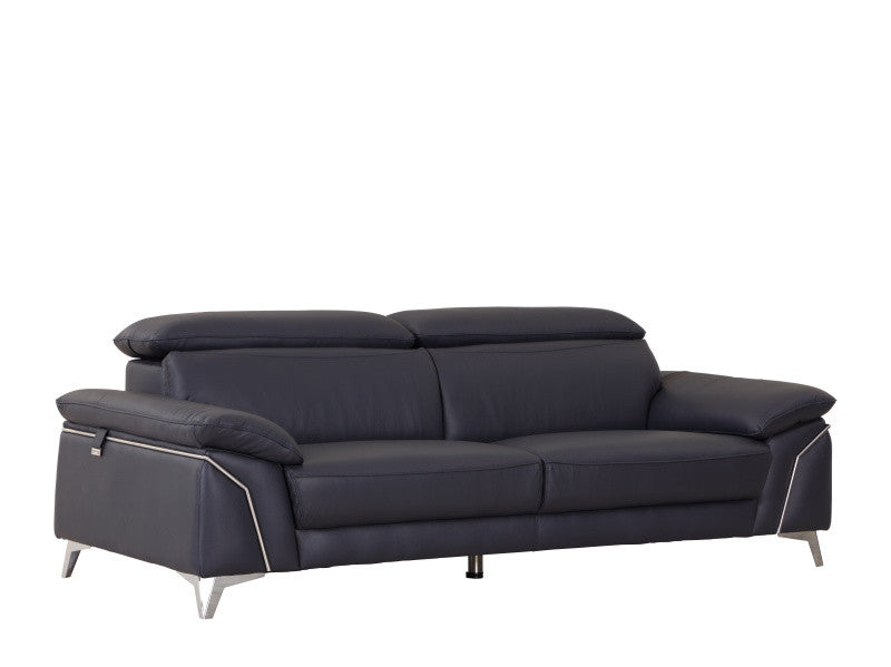 87" Blue And Silver Italian Leather Sofa