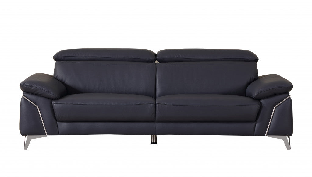 87" Blue And Silver Italian Leather Sofa