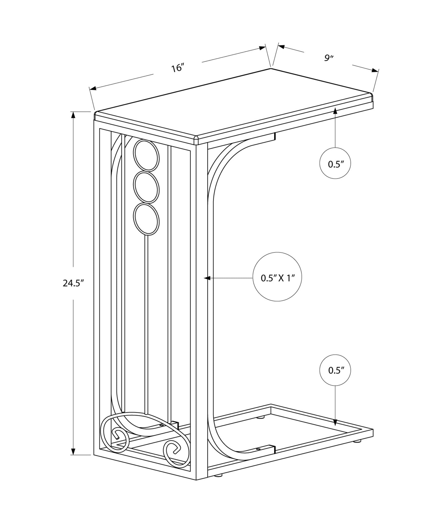 16" X 9" X 24.5" Blacksilver Mdf And Metal Accent Table