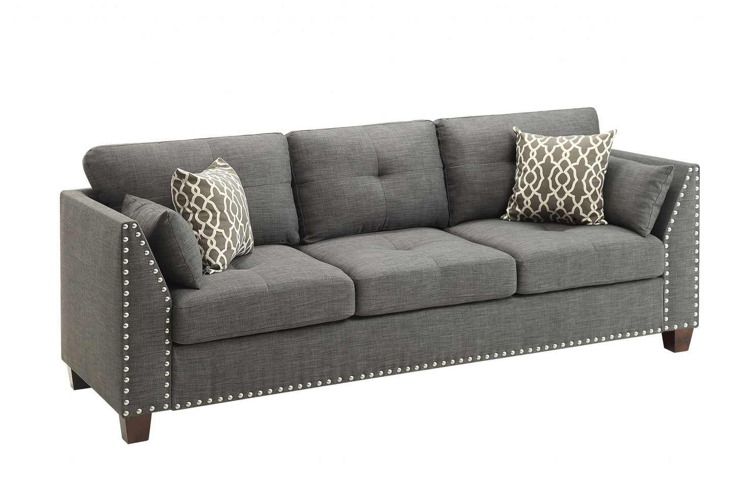 81" Charcoal Linen and Dark Brown Sofa and toss pillows