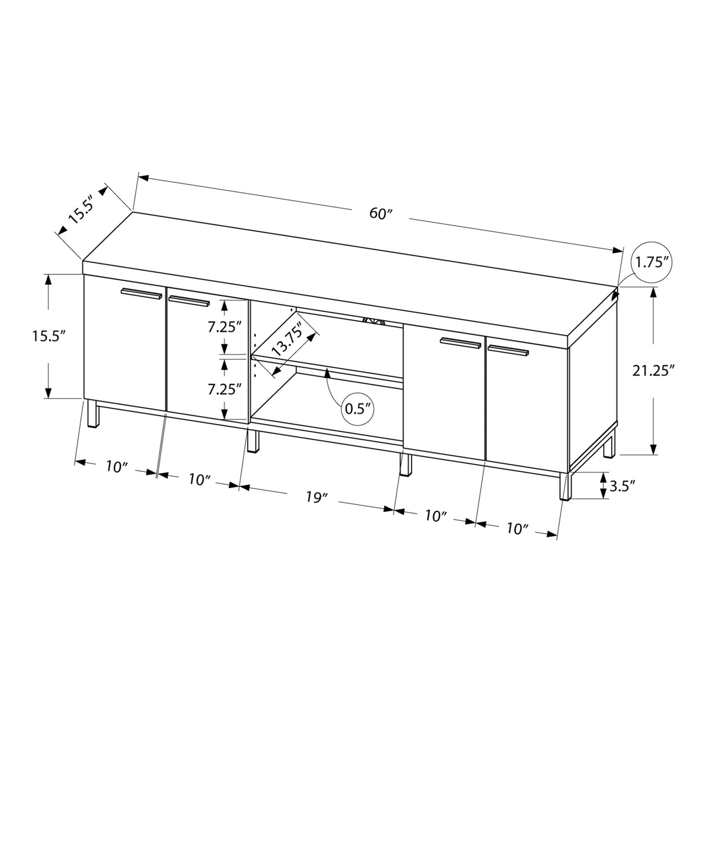 15.5" X 60" X 21.25" Black Grey Silver Particle Board Hollow Core Metal TV Stand