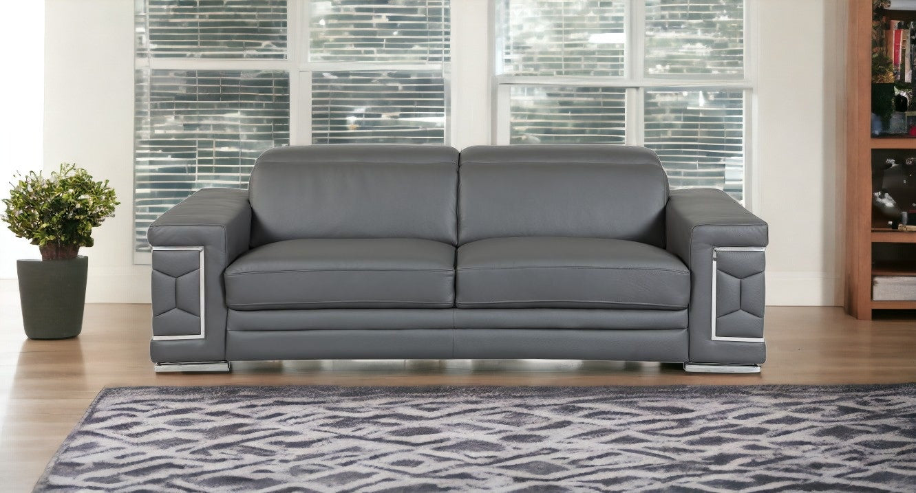 89" Gray And Silver Italian Leather Sofa