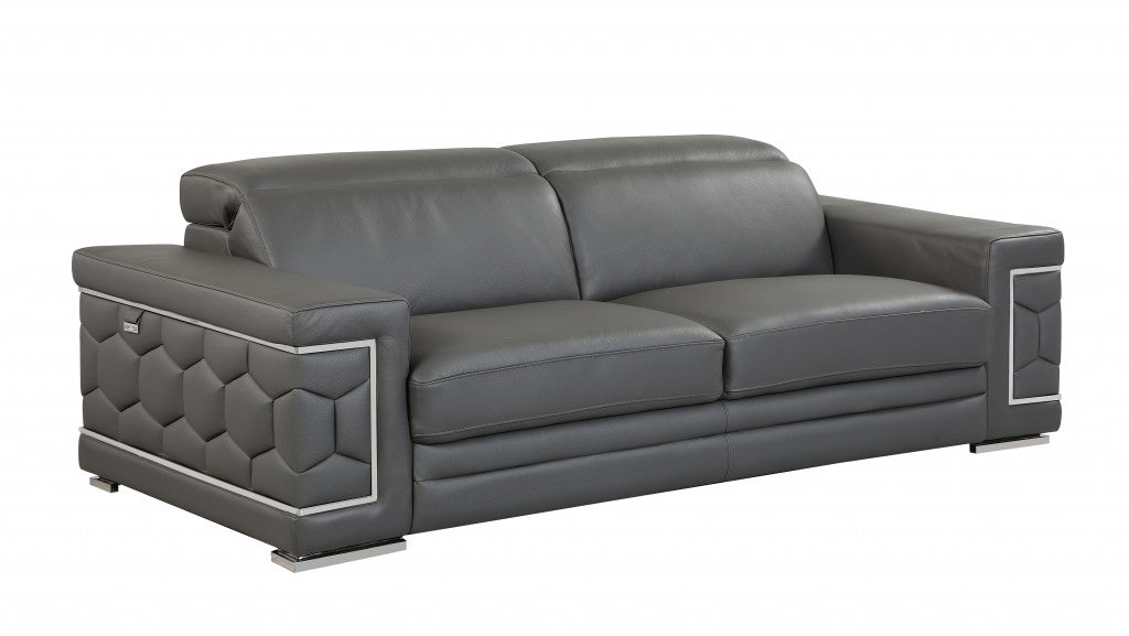 89" Gray And Silver Italian Leather Sofa