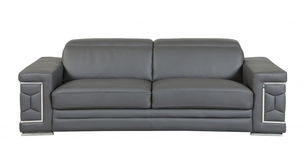 89" Gray And Silver Italian Leather Sofa