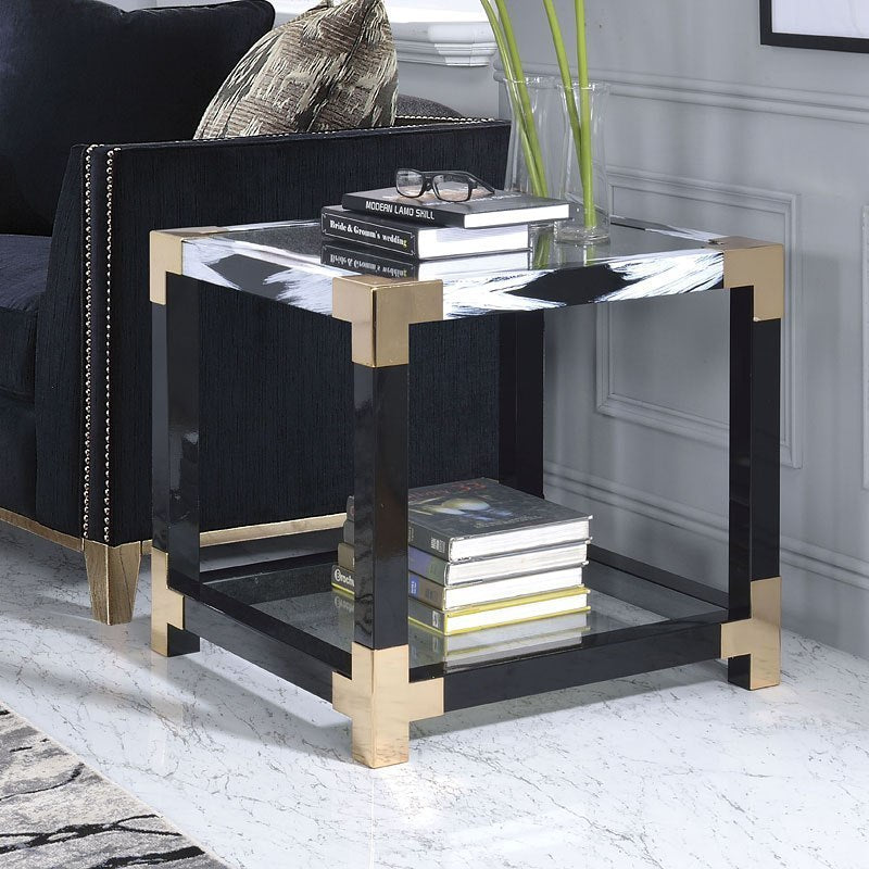 25" Black And Gold And Clear Glass Mirrored End Table With Shelf