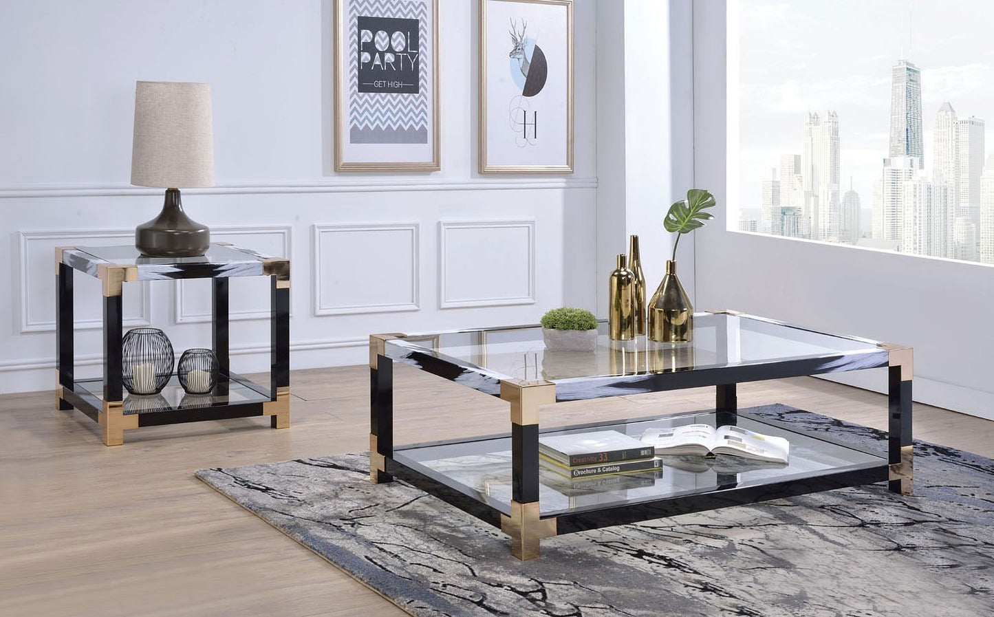 25" Black And Gold And Clear Glass Mirrored End Table With Shelf