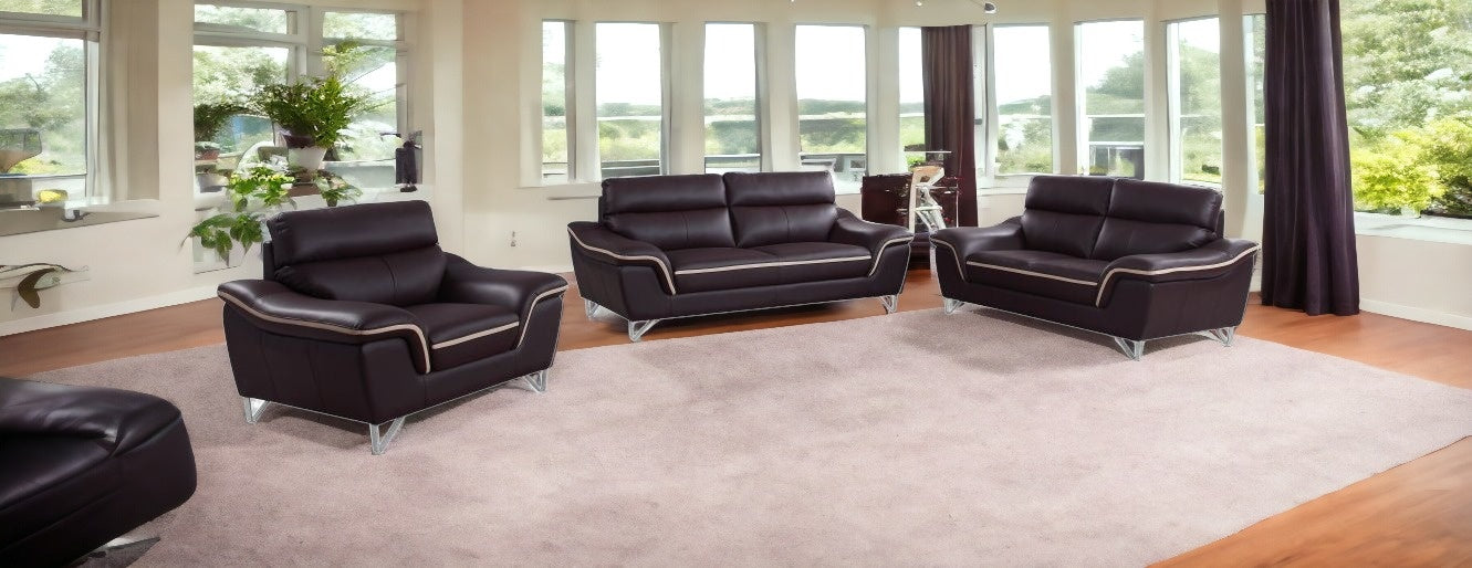 Three Piece Indoor Brown Genuine Leather Six Person Seating Set