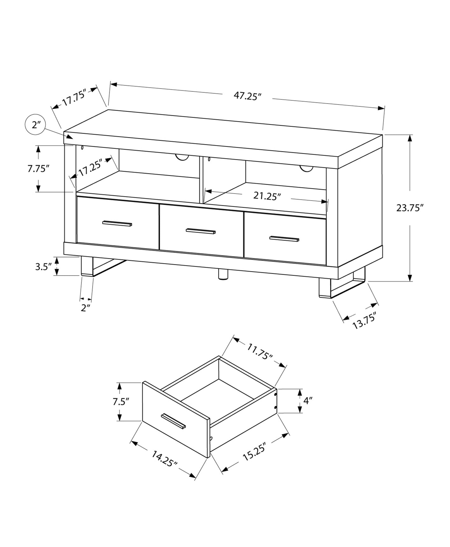 17.75" X 47.25" X 23.75" Dark Taupe Silver Particle Board Hollow Core Metal TV Stand With 3 Drawers