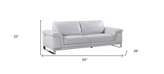 90" Gray And Silver Italian Leather Sofa