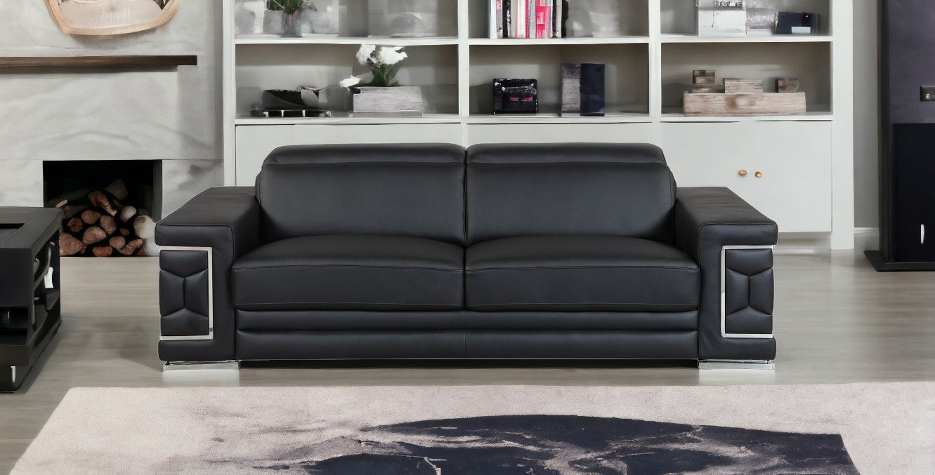 89" Black And Silver Italian Leather Sofa