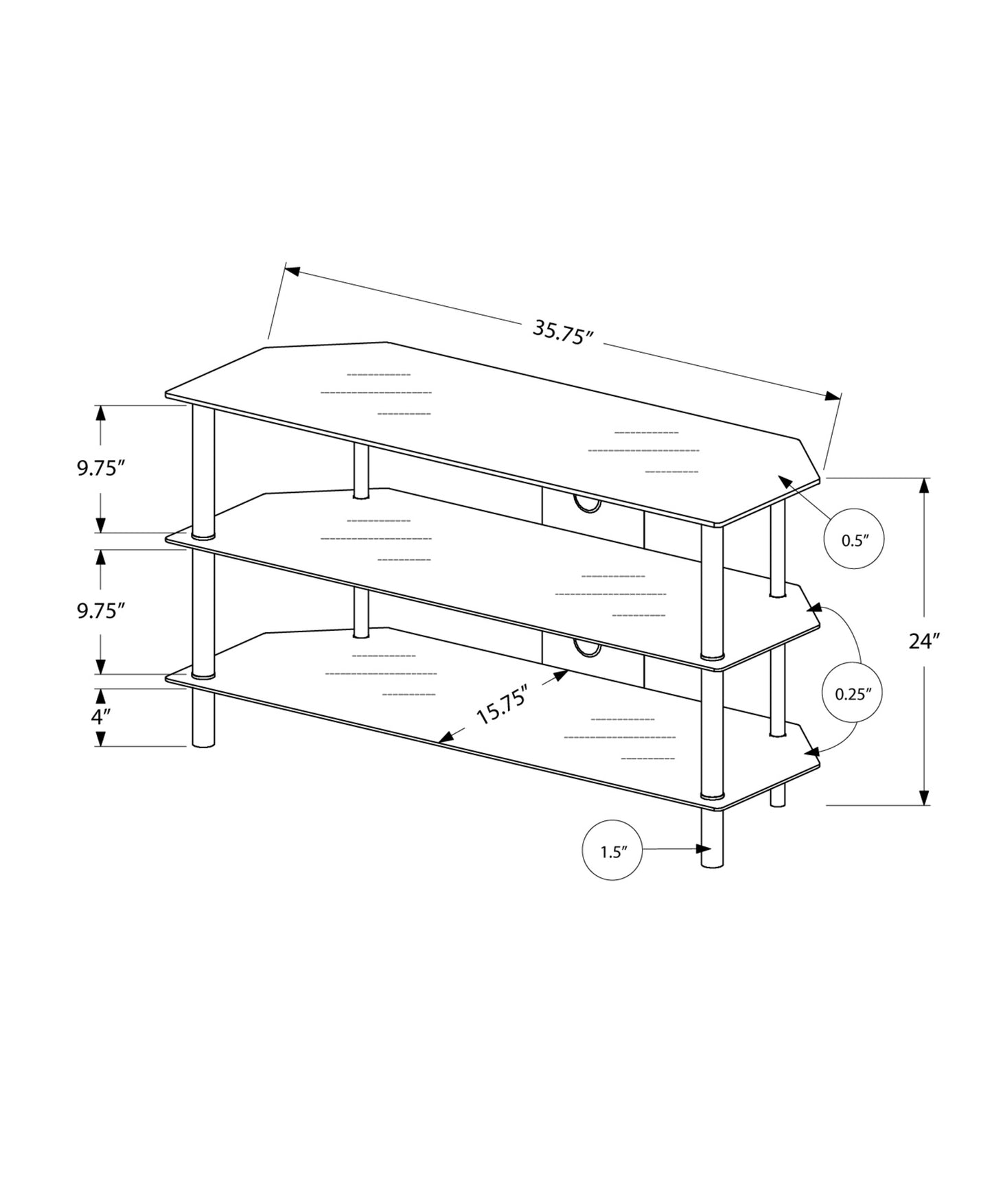 15.75" X 35.75" X 24" Black Metal Tempered Glass TV Stand