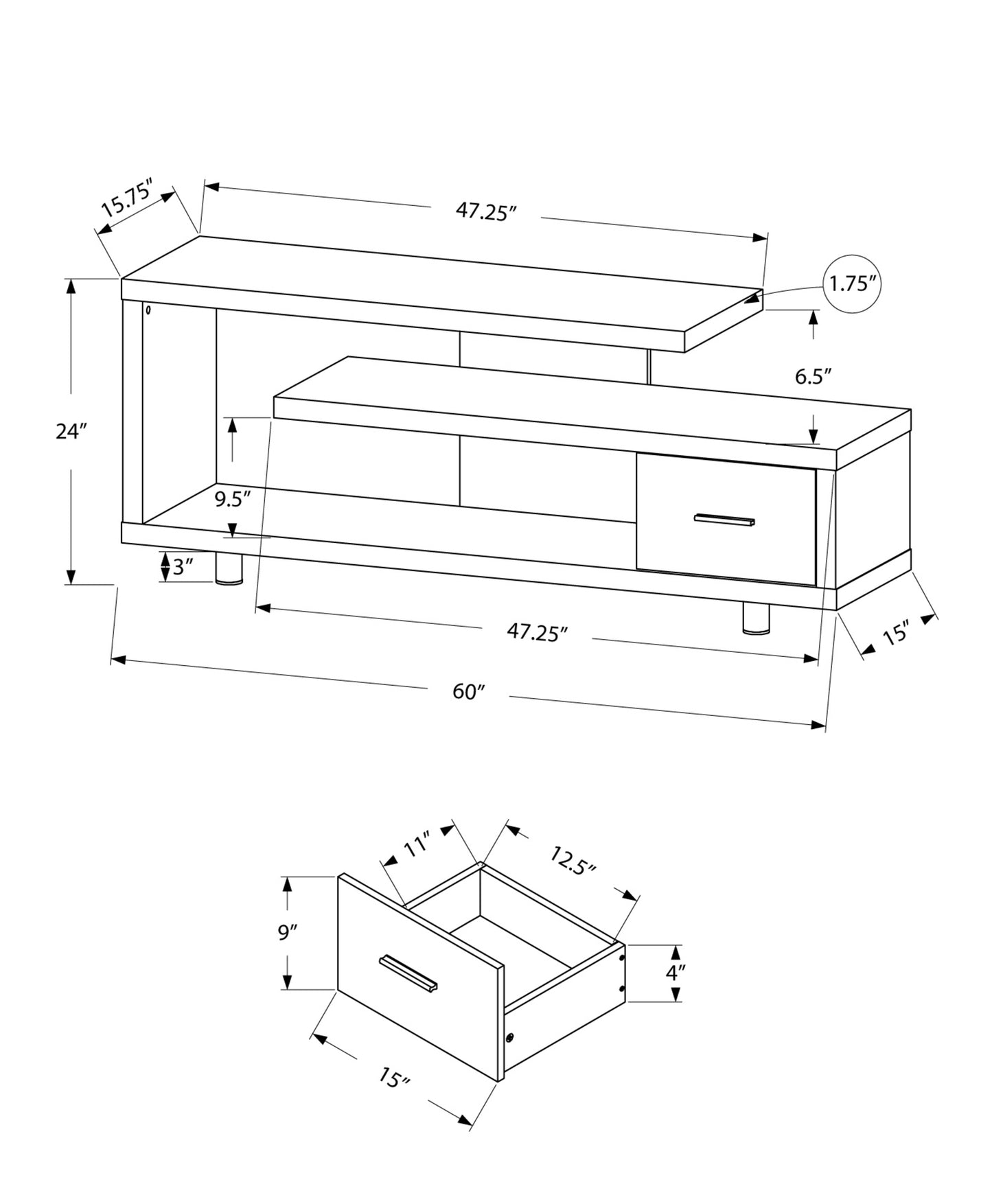 15.75" X 60" X 24" Dark Taupe Silver Particle Board Hollow Core Metal TV Stand With A Drawer