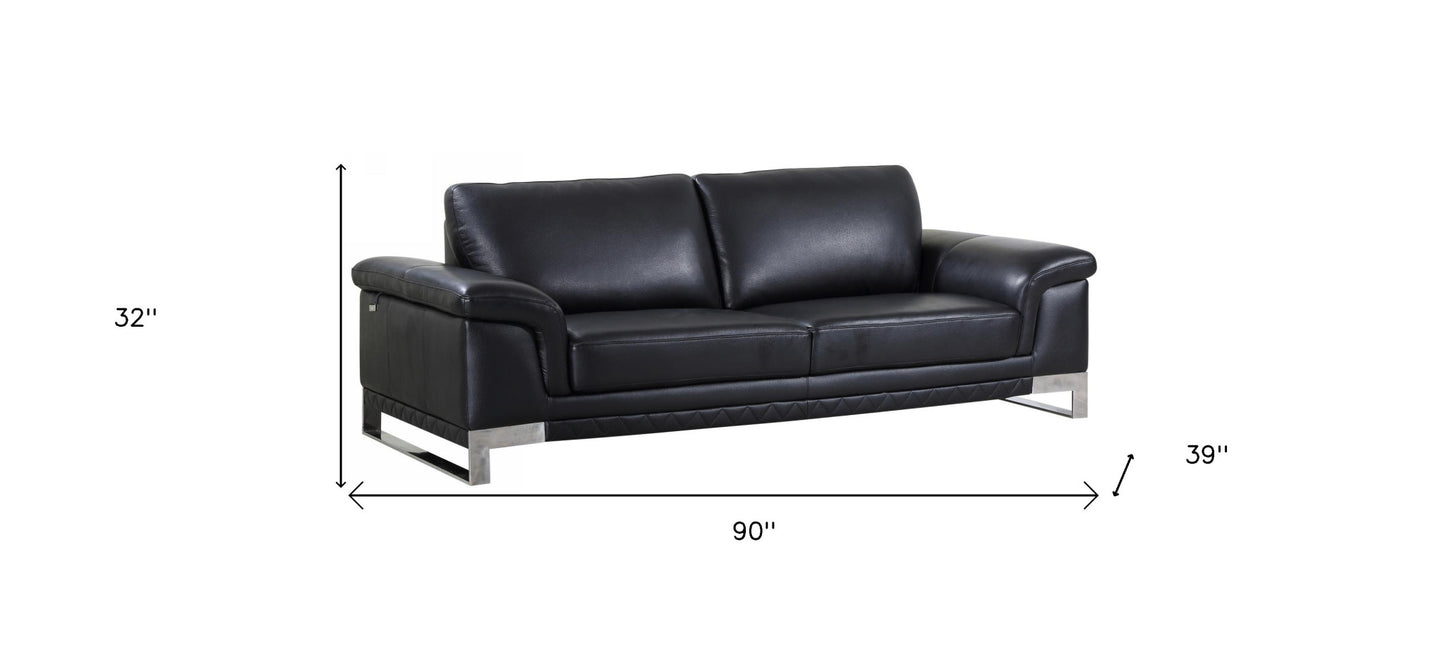 90" Black And Silver Italian Leather Sofa